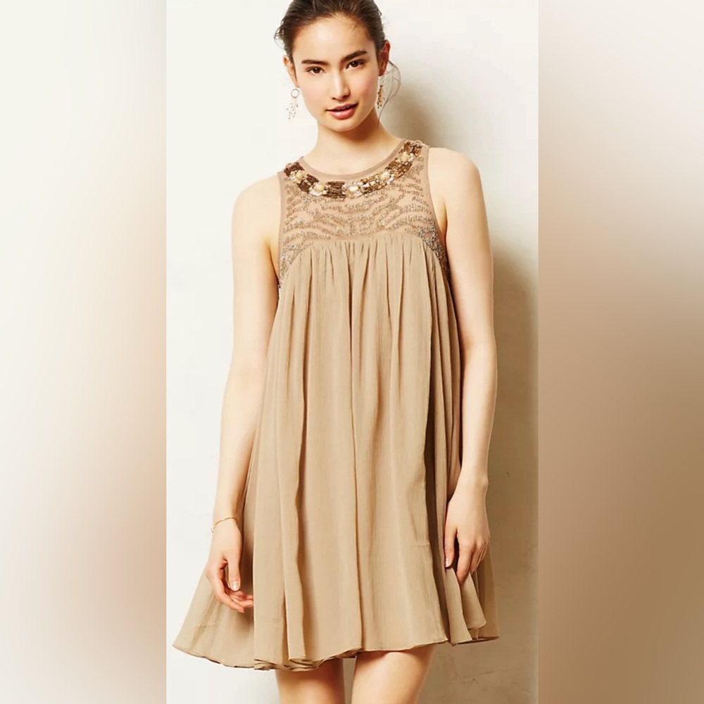 Moulinette Soeurs Anthropologie Taupe Chiffon Ornate Beaded Flowy Dress …